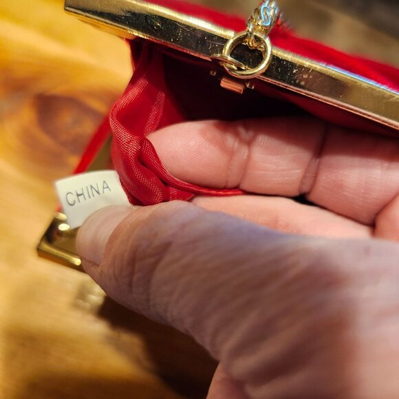 Vintage 90s Jessica McClintock Red Satin Clutch Purse with Metal Chain Strap - Picture 6 of 8